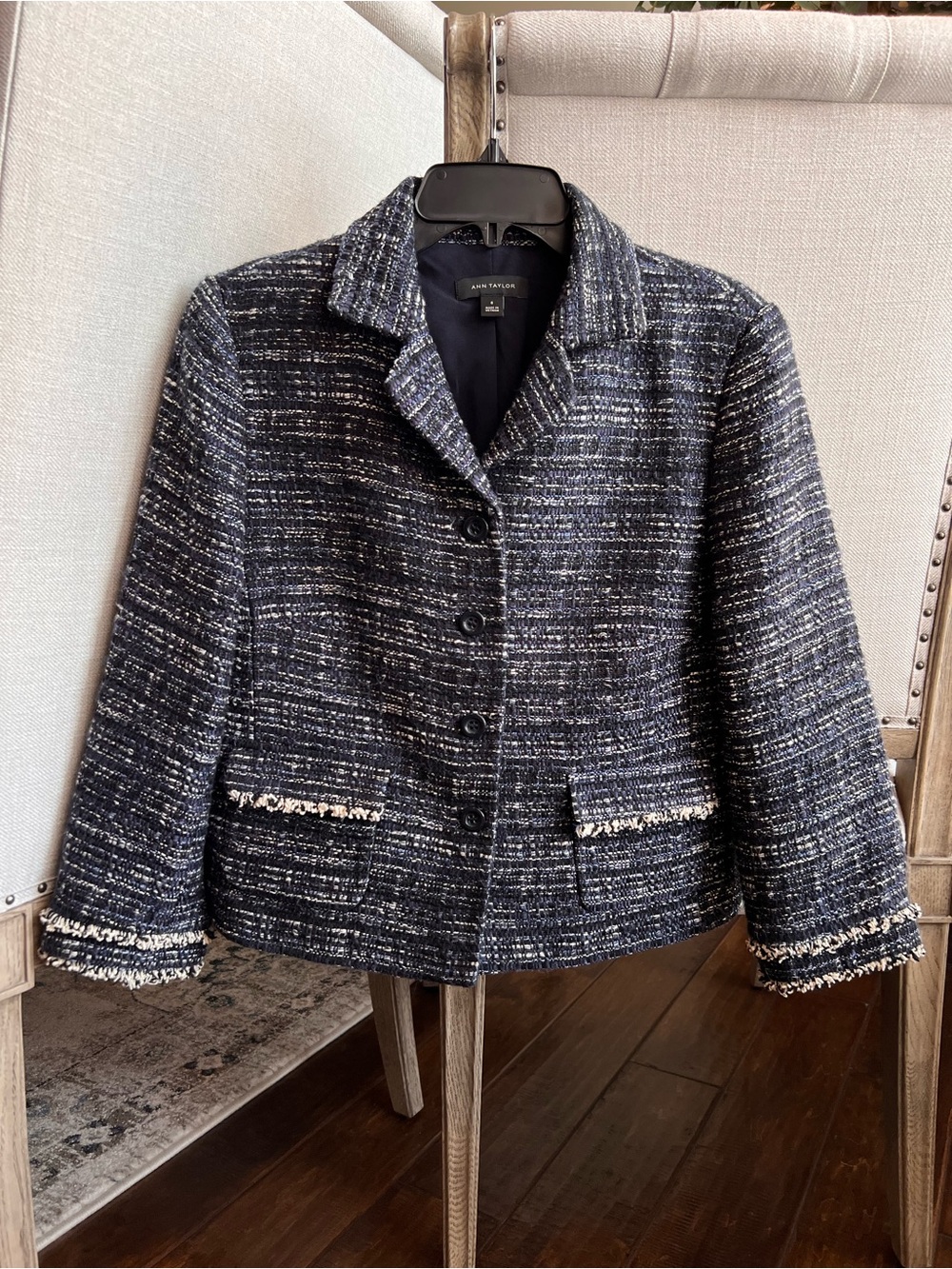 Ann Taylor Navy, Black, and Ivory Tweed Cropped Blazer - Picture 5 of 14